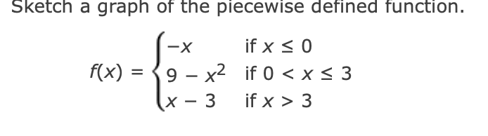 Sketch a graph of the piecewise defined function.
-X
if x ≤ 0
f(x) =
9x²
if 0 < x≤ 3
X
3
if x > 3