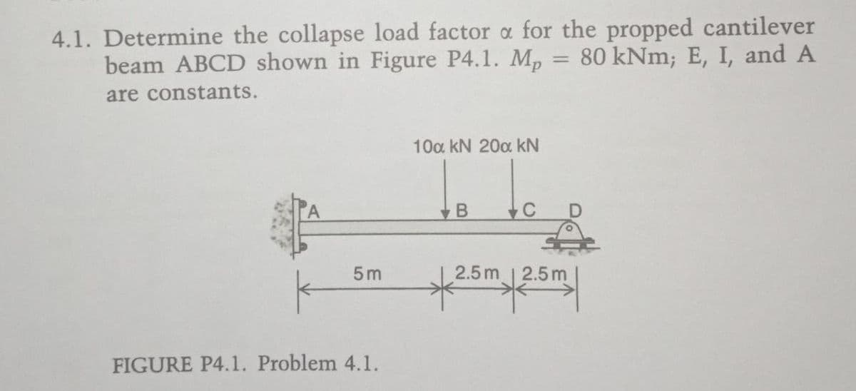 4.1. Determine the collapse load factor a for the propped cantilever
beam ABCD shown in Figure P4.1. Mp 80 kNm; E, I, and A
=
are constants.
10a kN 20α kN
B
C
5m
2.5m/2.5m|
FIGURE P4.1. Problem 4.1.