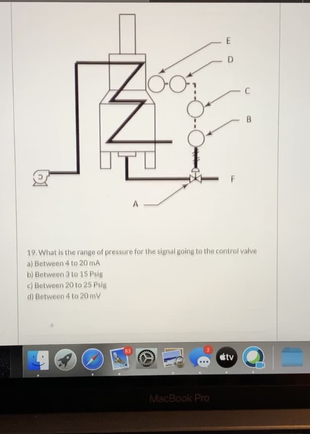 19. What is the range of pressure for the signal going to the control valve
a) Between 4 to 20 mA
b) Between 3 to 15 Psig
c) Between 20 to 25 Psig
d) Between 4 to 20 mV
83
tv
MacBook Pro
