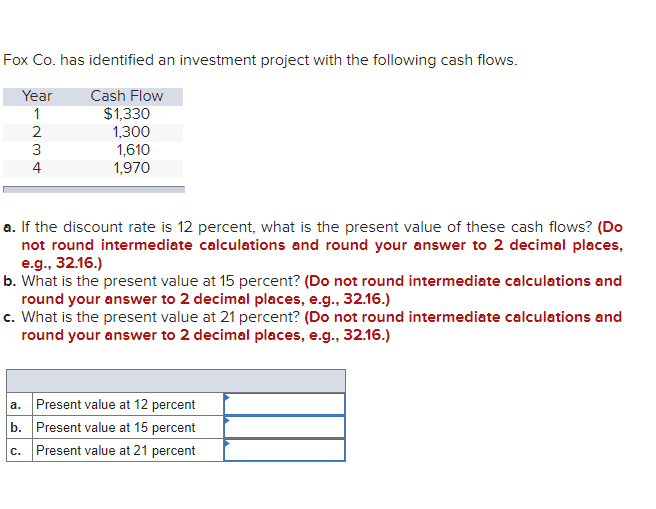 Fox Co. has identified an investment project with the following cash flows.
Year
Cash Flow
$1,330
1,300
1,610
1,970
1
2
4
a. If the discount rate is 12 percent, what is the present value of these cash flows? (Do
not round intermediate calculations and round your answer to 2 decimal places,
e.g., 32.16.)
b. What is the present value at 15 percent? (Do not round intermediate calculations and
round your answer to 2 decimal places, e.g., 32.16.)
c. What is the present value at 21 percent? (Do not round intermediate calculations and
round your answer to 2 decimal places, e.g., 32.16.)
a. Present value at 12 percent
b. Present value at 15 percent
c. Present value at 21 percent
