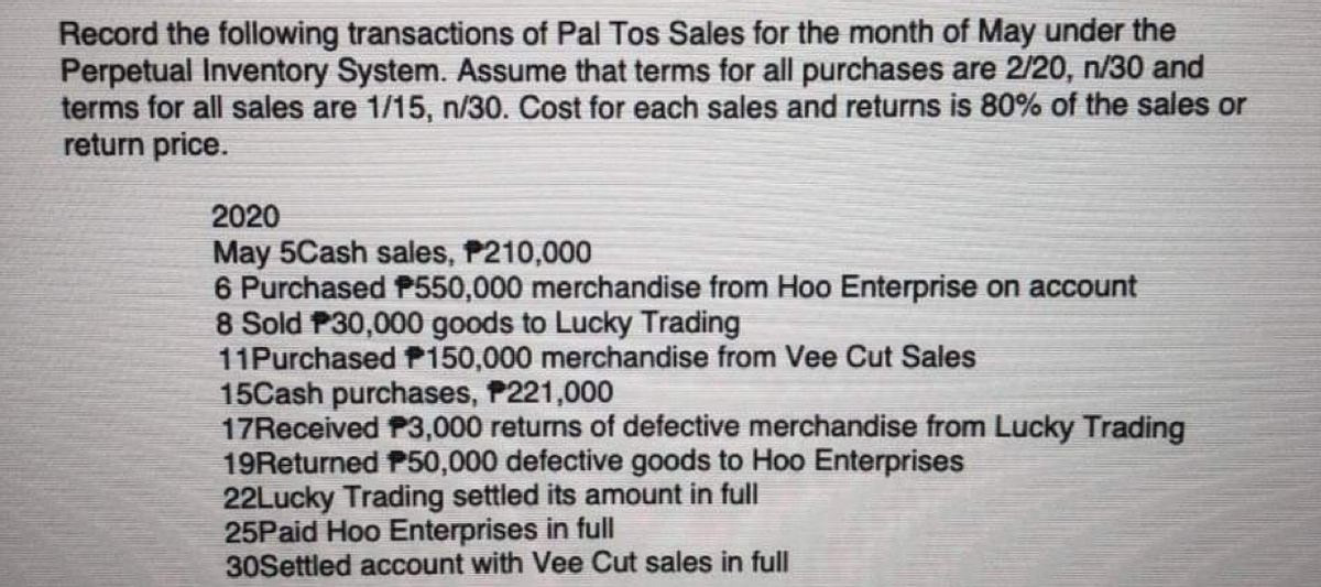 Record the following transactions of Pal Tos Sales for the month of May under the
Perpetual Inventory System. Assume that terms for all purchases are 2/20, n/30 and
terms for all sales are 1/15, n/30. Cost for each sales and returns is 80% of the sales or
return price.
2020
May 5Cash sales, P210,000
6 Purchased P550,000 merchandise from Hoo Enterprise on account
8 Sold P30,000 goods to Lucky Trading
11Purchased PP150,000 merchandise from Vee Cut Sales
15Cash purchases, P221,000
17Received P3,000 returns of defective merchandise from Lucky Trading
19Returned P50,000 defective goods to Hoo Enterprises
22Lucky Trading settled its amount in full
25Paid Hoo Enterprises in full
30Settled account with Vee Cut sales in full
