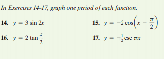 In Exercises 14–17, graph one period of each function.
= -2em(x = })
14. y = 3 sin 2x
15. y = -2 cos x -
16. y = 2 tan
17. y = - csc TX
