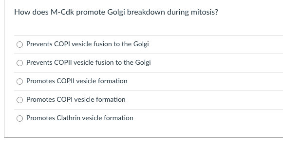 How does M-Cdk promote Golgi breakdown during mitosis?
Prevents COPI vesicle fusion to the Golgi
Prevents COPII vesicle fusion to the Golgi
Promotes COPII vesicle formation
Promotes COPI vesicle formation
Promotes Clathrin vesicle formation
