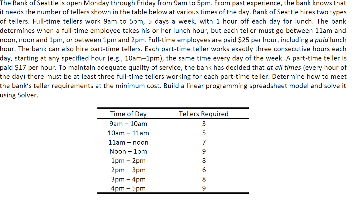 The Bank of Seattle is open Monday through Friday from 9am to 5pm. From past experience, the bank knows that
it needs the number of tellers shown in the table below at various times of the day. Bank of Seattle hires two types
of tellers. Full-time tellers work 9am to 5pm, 5 days a week, with 1 hour off each day for lunch. The bank
determines when a full-time employee takes his or her lunch hour, but each teller must go between 11am and
noon, noon and 1pm, or between 1pm and 2pm. Full-time employees are paid $25 per hour, including a paid lunch
hour. The bank can also hire part-time tellers. Each part-time teller works exactly three consecutive hours each
day, starting at any specified hour (e.g., 10am-1pm), the same time every day of the week. A part-time teller is
paid $17 per hour. To maintain adequate quality of service, the bank has decided that at all times (every hour of
the day) there must be at least three full-time tellers working for each part-time teller. Determine how to meet
the bank's teller requirements at the minimum cost. Build a linear programming spreadsheet model and solve it
using Solver.
Time of Day
Tellers Required
9am – 10am
3
10am – 11am
5
11am - noon
7
Noon – 1pm
9.
1pm – 2pm
8
2pm - Зpm
3pm – 4pm
8
4pm - 5pm
