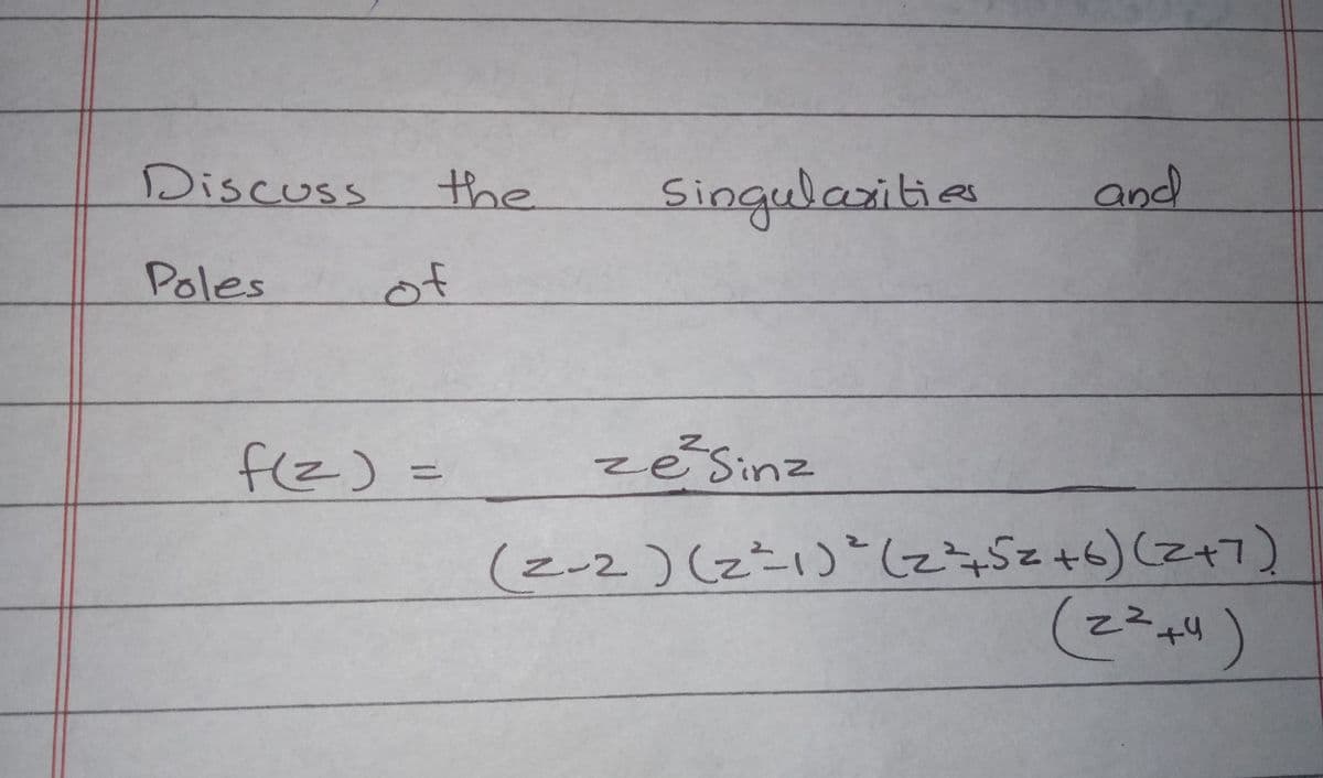 Discuss
the
Singulaxities
and
Poles
of
f(z) =
zé'sinz
%3D
(z-2) (z=1)(z#SZ+6) (z+7)
+4)
