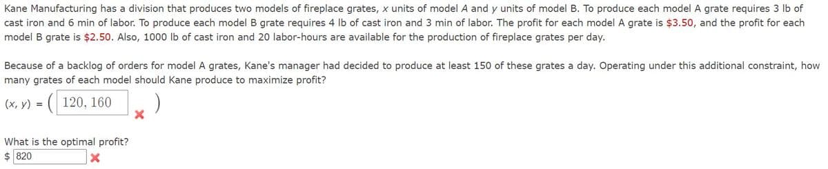 Kane Manufacturing has a division that produces two models of fireplace grates, x units of model A and y units of model B. To produce each model A grate requires 3 lb of
cast iron and 6 min of labor. To produce each model B grate requires 4 lb of cast iron and 3 min of labor. The profit for each model A grate is $3.50, and the profit for each
model B grate is $2.50. Also, 1000 lb of cast iron and 20 labor-hours are available for the production of fireplace grates per day.
Because of a backlog of orders for model A grates, Kane's manager had decided to produce at least 150 of these grates a day. Operating under this additional constraint, how
many grates of each model should Kane produce to maximize profit?
(х, у) %3D
120, 160
What is the optimal profit?
$ 820
