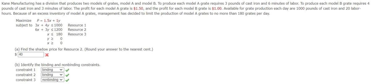 Kane Manufacturing has a division that produces two models of grates, model A and model B. To produce each model A grate requires 3 pounds of cast iron and 6 minutes of labor. To produce each model B grate requires 4
pounds of cast iron and 3 minutes of labor. The profit for each model A grate is $1.50, and the profit for each model B grate is $1.00. Available for grate production each day are 1000 pounds of cast iron and 20 labor-
hours. Because of an excess inventory of model A grates, management has decided to limit the production of model A grates to no more than 180 grates per day.
P = 1.5x + 1y
subject to 3x + 4y <1000
6x + 3y <1200
Maximize
Resource 1
Resource 2
X < 180
y 2
Resource 3
(a) Find the shadow price for Resource 2. (Round your answer to the nearest cent.)
$ 40
(b) Identify the binding and nonbinding constraints.
binding
binding
nonbinding v
constraint 1
constraint 2
constraint 3
