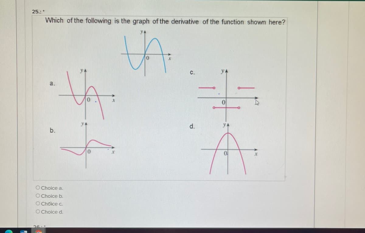 25.:*
Which of the following is the graph of the derivative of the function shown here?
C.
a.
d.
b.
O Choice a.
O Choice b.
O Chốice c.
O Choice d.
