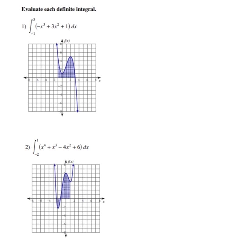 Evaluate each definite integral.
+ 3x² + 1) dx
Ax)
- او و
– 4x² + 6) dx
