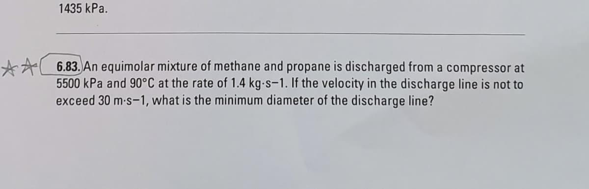 1435 kPa.
6.83. An equimolar mixture of methane and propane is discharged from a compressor at
5500 kPa and 90°C at the rate of 1.4 kg-s-1. If the velocity in the discharge line is not to
exceed 30 m-s-1, what is the minimum diameter of the discharge line?