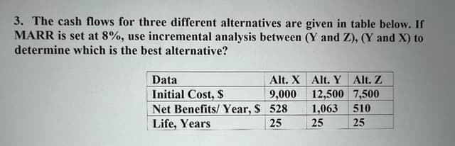 3. The cash flows for three different alternatives are given in table below. If
MARR is set at 8%, use incremental analysis between (Y and Z), (Y and X) to
determine which is the best alternative?
Data
Alt. X Alt. Y Alt. Z
Initial Cost, S
Net Benefits/ Year, S 528
Life, Years
12,500 7,500
1,063
25
9,000
510
25
25
