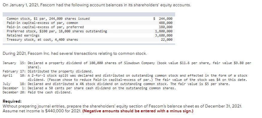 On January 1, 2021, Fascom had the following account balances in its shareholders' equity accounts.
Common stock, $1 par, 244,000 shares issued
Paid-in capital-excess of par, common
Paid-in capital-excess of par, preferred
Preferred stock, $100 par, 18,000 shares outstanding
Retained earnings
Treasury stock, at cost, 4,400 shares
$ 244, 000
488,000
180,000
1,800,000
3,600, 000
22,000
During 2021, Fascom Inc. had several transactions relating to common stock.
January 15: Declared a property dividend of 100,000 shares of Slowdown Company (book value $11.6 per share, fair value $9.80 per
share).
February 17: Distributed the property dividend.
April
10: A 2-for-1 stock split was declared and distributed on outstanding common stock and effected in the form of a stock
dividend. (Fascom chose to reduce Paid-in capital-excess of par.) The fair value of the stock was $4 on this date.
18: Declared and distributed a 4% stock dividend on outstanding common stock. The fair value is $5 per share.
July
December 1: Declared a 50 cents per share cash dividend on the outstanding common shares.
December 20: Paid the cash dividend.
Required:
Without preparing journal entries, prepare the shareholders' equity section of Fascom's balance sheet as of December 31, 2021.
Assume net income is $440,000 for 2021. (Negative amounts should be entered with a minus sign.)
