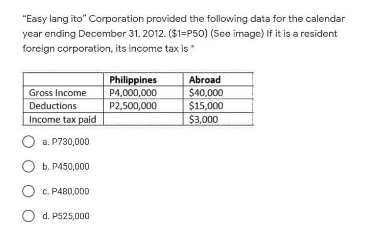 "Easy lang ito" Corporation provided the following data for the calendar
year ending December 31, 2012. ($1=P50) (See image) If it is a resident
foreign corporation, its income tax is *
Philippines
P4,000,000
P2,500,000
Abroad
$40,000
$15,000
$3,000
Gross Income
Deductions
Income tax paid
a. P730,000
b. P450,000
c. P480,000
d. P525,000
