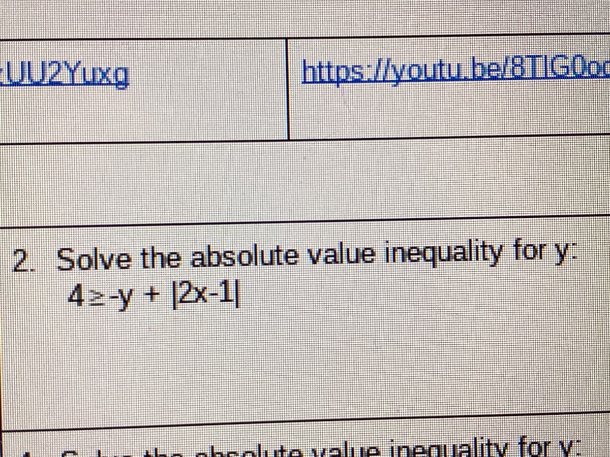 UU2Yuxg
https://youtu.be/8TIG0or
2. Solve the absolute value inequality for y
42-y + |2x-1|
nhcolute value ineguality for y:
