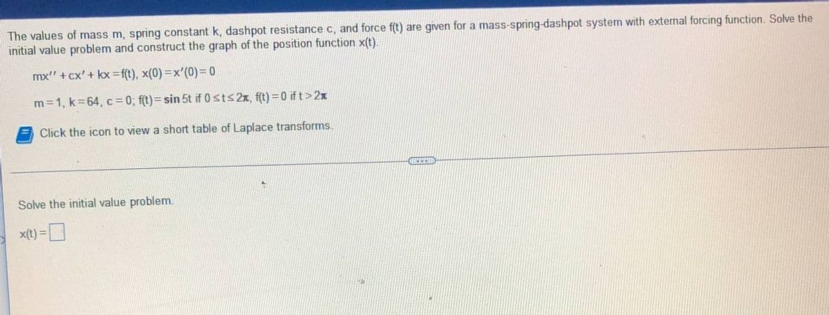The values of mass m, spring constant k, dashpot resistance c, and force f(t) are given for a mass-spring-dashpot system with external forcing function. Solve the
initial value problem and construct the graph of the position function x(t).
mx' + cx' + kx=f(t), x(0)=x'(0)=0
m=1, k=64, c = 0; f(t)=sin 5t if 0 st≤ 2x, f(t)=0 ift>2x
Click the icon to view a short table of Laplace transforms.
Solve the initial value problem.
x(t) =