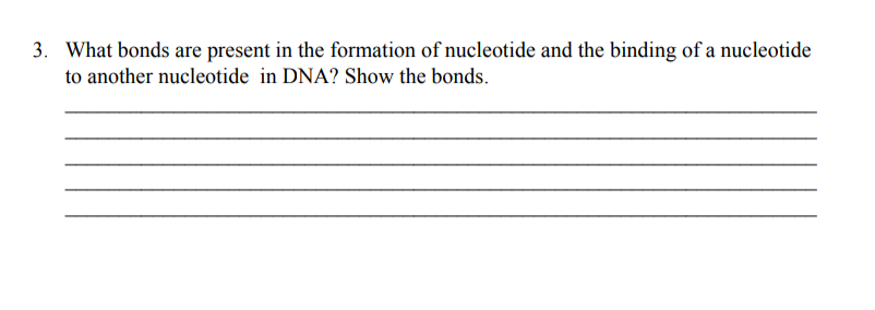 3. What bonds are present in the formation of nucleotide and the binding of a nucleotide
to another nucleotide in DNA? Show the bonds.
