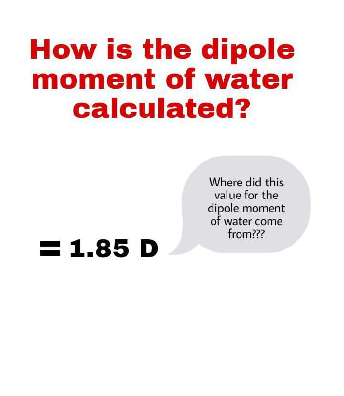 How is the dipole
moment of water
calculated?
Where did this
value for the
dipole moment
of water come
from???
= 1.85 D
