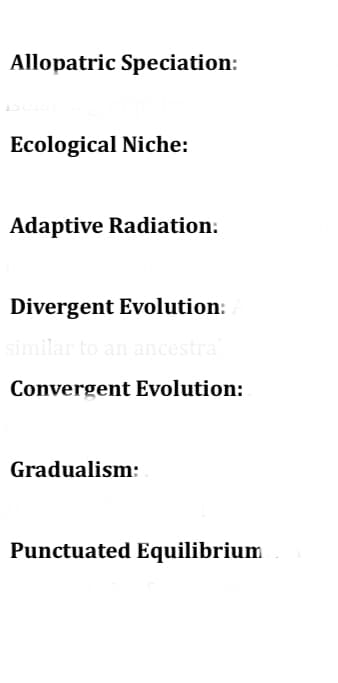 Allopatric Speciation:
Ecological Niche:
Adaptive Radiation:
Divergent Evolution:
similar to an ancestral
Convergent Evolution:
Gradualism:
Punctuated Equilibrium
