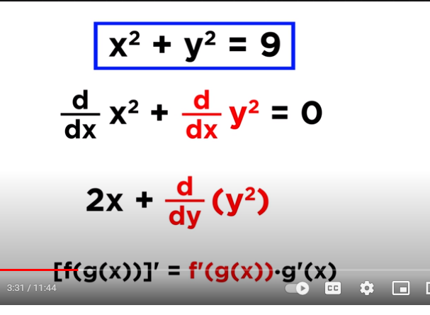 2
x² + y² = 9
3:31/ 11:44
d x² + y² = 0
dx
dx
2x + d(y²)
{f(g(x))]' = f'(g(x))•g'(x)
CC