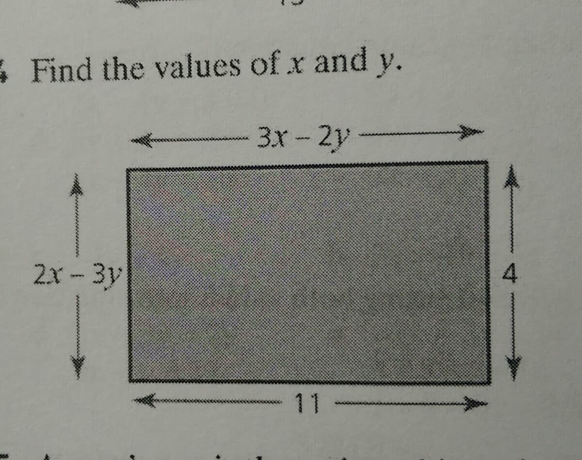 Find the values of x and y.
3x-2y
2x-3y
11
