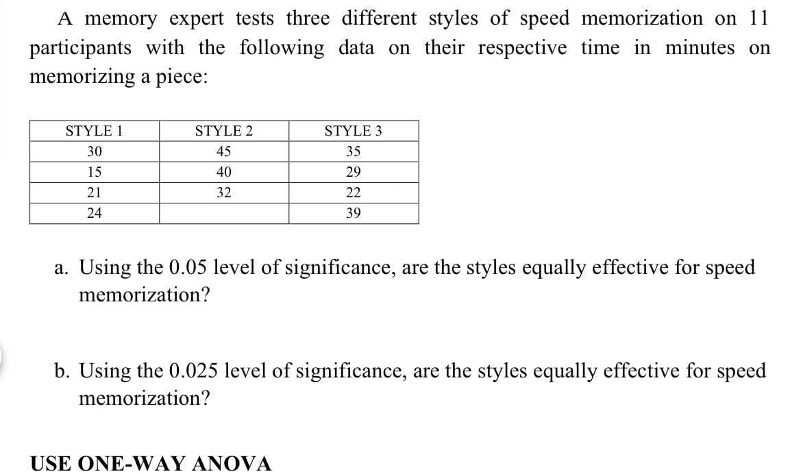 A memory expert tests three different styles of speed memorization on 11
participants with the following data on their respective time in minutes on
memorizing a piece:
STYLE 1
STYLE 2
STYLE 3
30
45
35
15
40
29
21
32
22
24
39
a. Using the 0.05 level of significance, are the styles equally effective for speed
memorization?
b. Using the 0.025 level of significance, are the styles equally effective for speed
memorization?
USE ONE-WAY ANOVA
