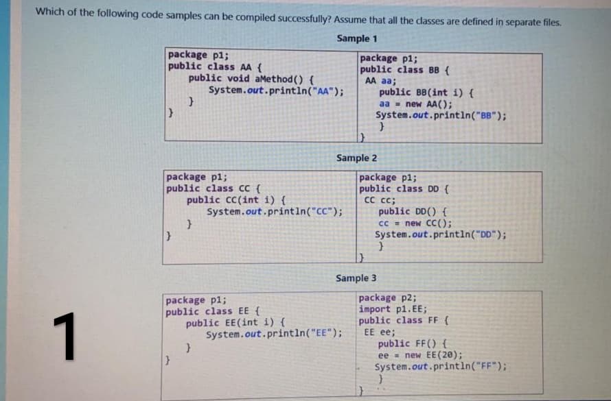 Which of the following code samples can be compiled successfully? Assume that all the classes are defined in separate files.
Sample 1
package p1;
public class AA {
public void aMethod () {
System.out.println("AA");
package p1;
public class BB {
AA aa;
public BB(int i) {
aa = new AA();
System.out.println("BB");
Sample 2
package p1;
public class cC {
public cC(int i) {
System.out.printin("CC");
package p1;
public class DD {
CC c;
public DD() {
cc = new CC();
System.out.println("DD");
Sample 3
1
package p1;
public class EE {
public EE(int i) {
System.out.println("EE");
package p2;
import p1.EE;
public class FF {
EE ee;
public FF() {
ee - new EE(20);
System.out.println("FF");
