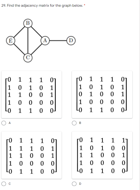 29. Find the adjacency matrix for the graph below. *
A
(D
го
1
1
1
01
го
1
1
1
01
1
1
1
1
1
1
1
1
1
1
1
1
1
1
1
1
0-
го
1
1
1
01
1
1
1
1
1
1
1
1
1
1
1
1
1
1
1
1
1
1
0-
B.
