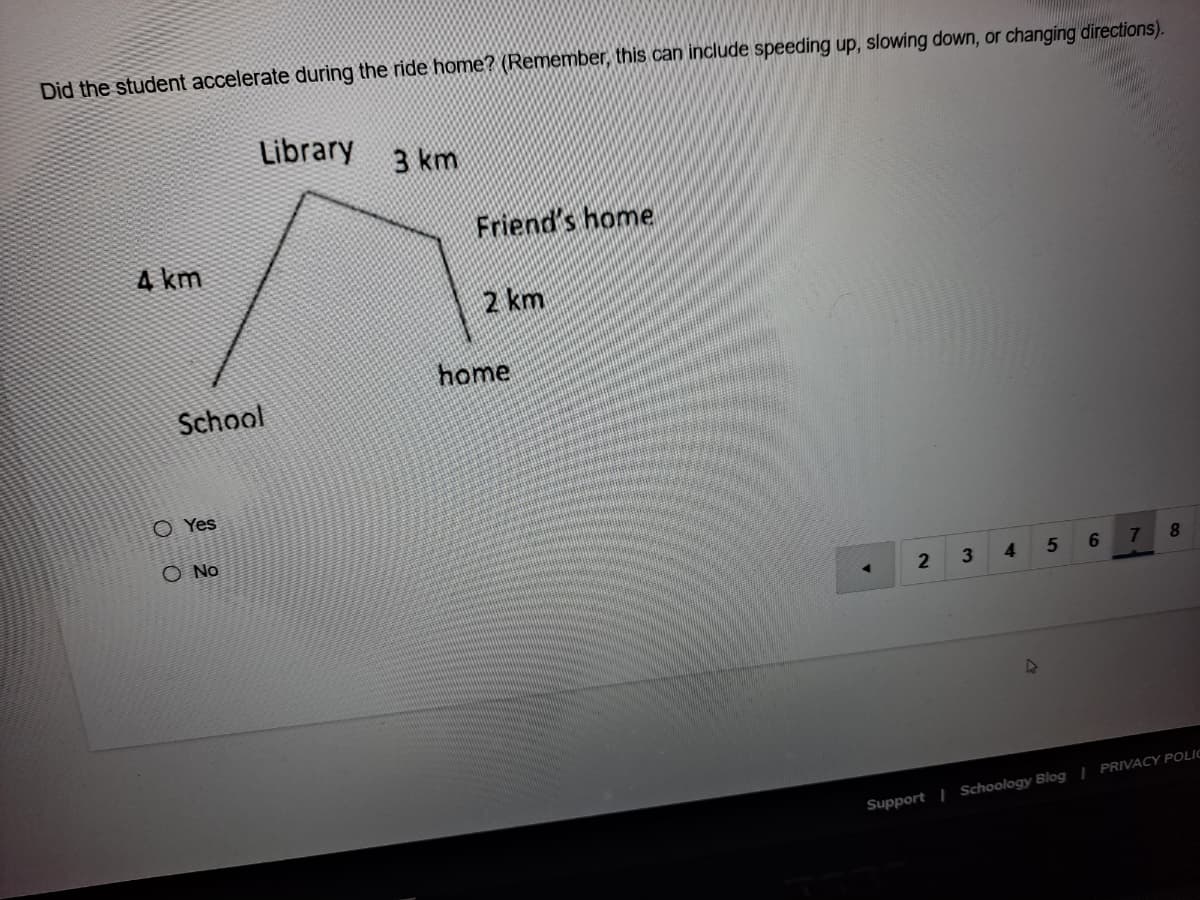 Did the student accelerate during the ride home? (Remember, this can include speeding up, slowing down, or changing directions).
Library 3 km
Friend's home
4 km
2 km
home
School
O Yes
O No
4.
7
8.
3.
PRIVACY POLIC
Support | Schoology Blog
