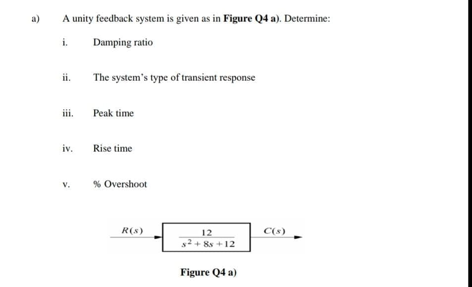 a)
A unity feedback system is given as in Figure Q4 a). Determine:
Damping ratio
i.
ii.
iii.
iv.
V.
The system's type of transient response
Peak time
Rise time
% Overshoot
R(s)
12
s² +8s +12
Figure Q4 a)
C(s)