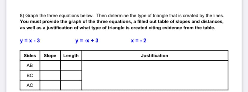 8) Graph the three equations below. Then determine the type of triangle that is created by the lines.
You must provide the graph of the three equations, a filled out table of slopes and distances,
as well as a justification of what type of triangle is created citing evidence from the table.
y = x - 3
y = -x + 3
x = - 2
Sides
Slope
Length
Justification
АВ
BC
AC
