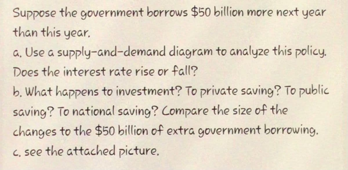 Suppose the government borrows $50 billion more next year
than this year.
a. Use a supply-and-demand diagram to analyze this policy.
Does the interest rate rise or fall?
b. What happens to investment? To private saving? To public
saving? To national saving? Compare the size of the
changes to the $50 billion of extra government borrowing,
C, see the attached picture.
