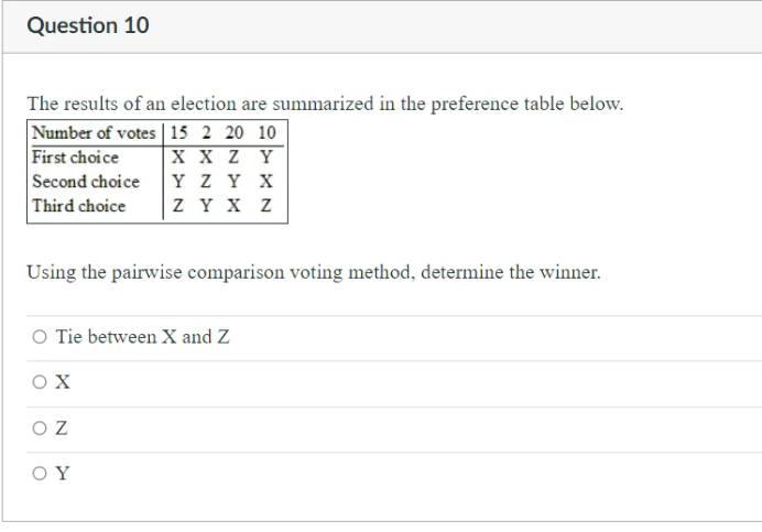 Question 10
The results of an election are summarized in the preference table below.
Number of votes | 15 2 20 10
хXZ Y
Y Z Y X
ZY X Z
First choice
Second choice
Third choice
Using the pairwise comparison voting method, determine the winner.
O Tie between X and Z
ΟΧ
O Z
O Y
