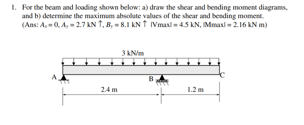 1. For the beam and loading shown below: a) draw the shear and bending moment diagrams,
and b) determine the maximum absolute values of the shear and bending moment.
(Ans: Ar = 0, A, = 2.7 kN ↑, B, = 8.1 kN ↑ IVmax| = 4.5 kN, IMmax| = 2.16 kN m)
3 kN/m
В
2.4 m
1.2 m
