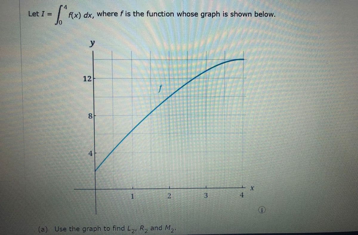 Let I =
flx) dx, where f is the function whose graph is shown below.
y
12
f
8
4
(a) Use the graph to find L,, R, and M,.
3,
2.
4.
