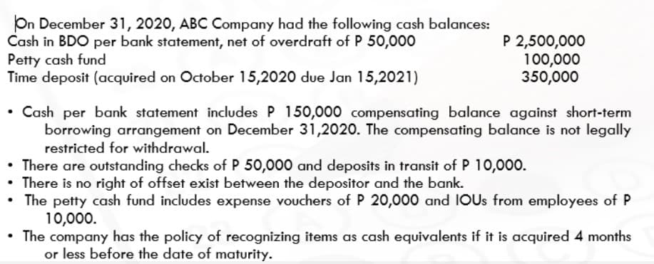 On December 31, 2020, ABC Company had the following cash balances:
Cash in BDO per bank statement, net of overdraft of P 50,000
Petty cash fund
Time deposit (acquired on October 15,2020 due Jan 15,2021)
P 2,500,000
100,000
350,000
• Cash per bank statement includes P 150,000 compensating balance against short-term
borrowing arrangement on December 31,2020. The compensating balance is not legally
restricted for withdrawal.
• There are outstanding checks of P 50,000 and deposits in transit of P 10,000.
• There is no right of offset exist between the depositor and the bank.
• The petty cash fund includes expense vouchers of P 20,000 and IOUS from employees of P
10,000.
• The company has the policy of recognizing items as cash equivalents if it is acquired 4 months
or less before the date of maturity.
