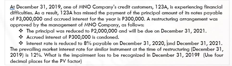 At December 31, 2019, one of MNO Company's credit customers, 123A, is experiencing financial
difficulties. As a result, 123A has missed the payment of the principal amount of its notes payable
of P3,000,000 and accrued interest for the year is P300,000. A restructuring arrangement was
approved by the management of MNO Company, as follows:
* The principal was reduced to P2,000,000 and will be due on December 31, 2021.
* Accrued interest of P300,000 is condoned.
* Interest rate is reduced to 8% payable on December 31, 2020, and December 31, 2021.
The prevailing market interest rate for similar instrument at the time of restructuring (December 31,
2019) is 12%. What is the impairment loss to be recognized in December 31, 2019? (Use four
decimal places for the PV factor)
