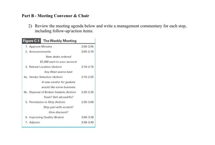 Part B- Meeting Convenor & Chair
2) Review the meeting agenda below and write a management commentary for each step,
including follow-up/action items.
Figure C.1 The Weekly Meeting
1. Approve Minutes
2:00-2:05
2. Announcements
2:05-2:10
New desks ordered
$1,000 each to your account
3. Retreat Location (Action)
2:10-2:15
Key West seems best
Aa. Vendor Selection (Action)
2:15-2:25
A new vendor for gaskets
would like some business
4b. Disposal of Broken Gaskets (Action)
2:25-2:35
Trash? Sell abroad'fix?
5. Permission to Ship (Action)
2:35-3:00
Ship part with scratch?
Give discount?
6. Improving Quality (Brains)
7. Adjourn
3:00-3:38
3:38-3:40
