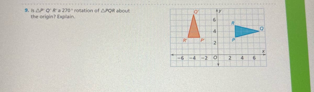 9. Is AP' Q' R'a 270° rotation of APQR about
the origin? Explain.
Q'
Ay
6
R
4
R'
2
-6
-4
-2
6.
