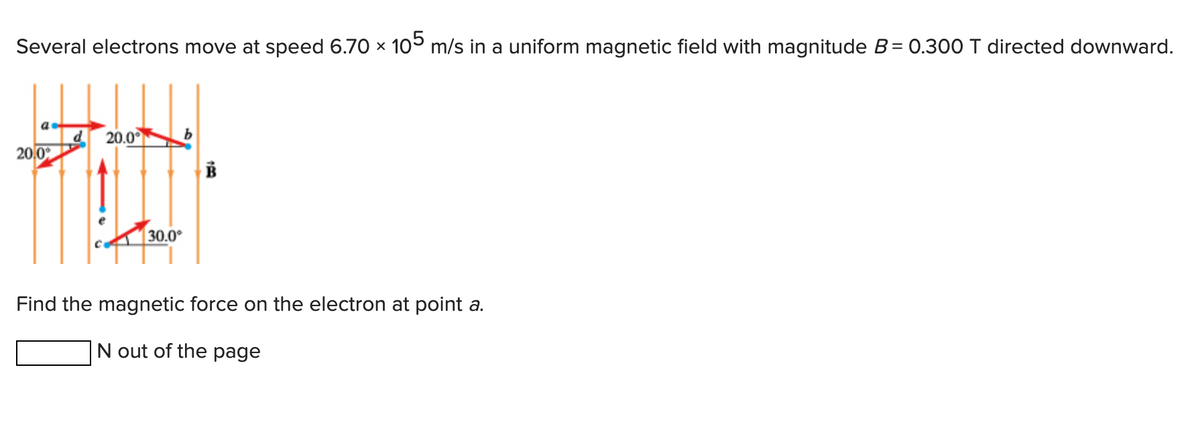 Several electrons move at speed 6.70 × 105 m/s in a uniform magnetic field with magnitude B=0.300 T directed downward.
20,0
d 20.0°
30.0°
B
Find the magnetic force on the electron at point a.
N out of the page