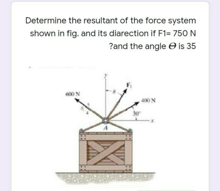 Determine the resultant of the force system
shown in fig. and its diarection if F1= 750 N
?and the angle O is 35
600 N
400 N
