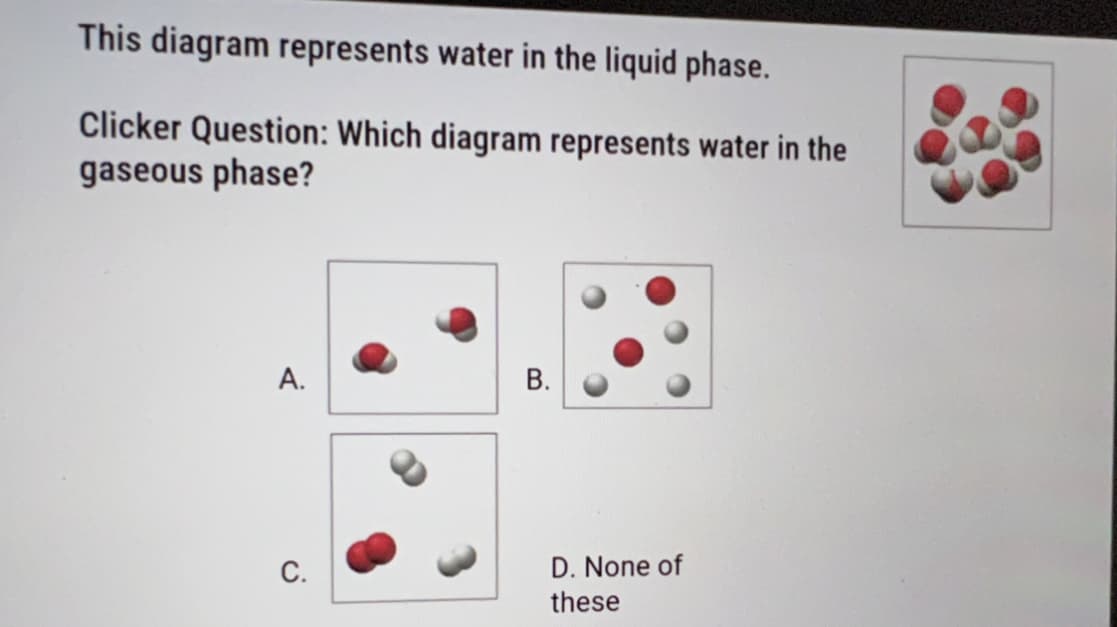 This diagram represents water in the liquid phase.
Clicker Question: Which diagram represents water in the
gaseous phase?
A.
C.
B.
D. None of
these