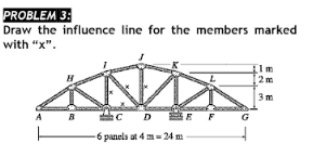 PROBLEM 3:
Draw the influence line for the members marked
with "x".
1m
2m
3m
D
G
-6 panels at 4 m= 24 m
