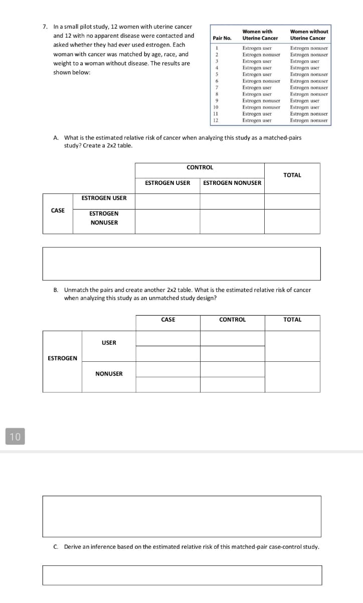 7. In a small pilot study, 12 women with uterine cancer
Women with
Women without
and 12 with no apparent disease were contacted and
Pair No.
Uterine Cancer
Uterine Cancer
asked whether they had ever used estrogen. Each
Estrogen user
Estrogen nonuser
Estrogen nonuser
woman with cancer was matched by age, race, and
Estrogen nonuser
Estrogen user
Estrogen user
Estrogen nonuser
Estrogen nonuser
Estrogen nonuser
Estrogen nonuser
Estrogen user
Estrogen user
Estrogen nonuser
Estrogen nonuser
2
3
Estrogen user
Estrogen user
Estrogen usen
Estrogen nonuser
Estrogen user
Estrogen user
Estrogen nonuser
Estrogen nonuser
Estrogen user
Estrogen user
weight to a woman without disease. The results are
4
shown below:
5
7
10
11
12
A. What is the estimated relative risk of cancer when analyzing this study as a matched-pairs
study? Create a 2x2 table.
CONTROL
ТОTAL
ESTROGEN USER
ESTROGEN NONUSER
ESTROGEN USER
CASE
ESTROGEN
NONUSER
B. Unmatch the pairs and create another 2x2 table. What is the estimated relative risk of cancer
when analyzing this study as an unmatched study design?
CASE
CONTROL
TОTAL
USER
ESTROGEN
NONUSER
10
C. Derive an inference based on the estimated relative risk of this matched-pair case-control study.
