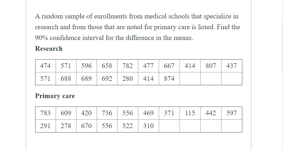 A random sample of enrollments from medical schools that specialize in
research and from those that are noted for primary care is listed. Find the
90% confidence interval for the difference in the means.
Research
474
571
596
658
782
477
667
414
807
437
571
688
689
692
280
414
874
Primary care
783
609
420
736
556
469
371
115
442
597
291
278
670
556
522
310
