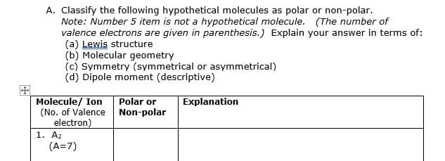 A. Classify the following hypothetical molecules as polar or non-polar.
Note: Number 5 item is not a hypothetical molecule. (The number of
valence electrons are given in parenthesis.) Explain your answer in terms of:
(a) Lewis structure
(b) Molecular geometry
(c) Symmetry (symmetrical or asymmetrical)
(d) Dipole moment (descriptive)
Molecule/ Ion
(No. of Valence Non-polar
electron)
1. A2
(A=7)
Polar or
Explanation
