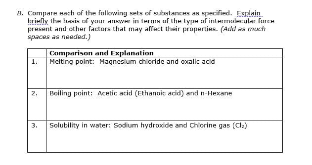 B. Compare each of the following sets of substances as specified. Explain.
briefly the basis of your answer in terms of the type of intermolecular force
present and other factors that may affect their properties. (Add as much
spaces as needed.)
Comparison and Explanation
Melting point: Magnesium chloride and oxalic acid
1.
2.
Boiling point: Acetic acid (Ethanoic acid) and n-Hexane
3.
Solubility in water: Sodium hydroxide and Chlorine gas (Cl2)

