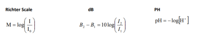 Richter Scale
dB
PH
M = log
I,
I,
B, – B, = 10log|
pH = -log[H" ]
%3D
%3D
