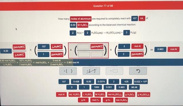 How many moles of aluminum are required to completely react with 107 ml of
6.00 M H,S0. according to the balanced chemical reaction:
2 Ala) - 3 H,SOlaq) -- Ala(SO.h(aq) •
3 Halg)
