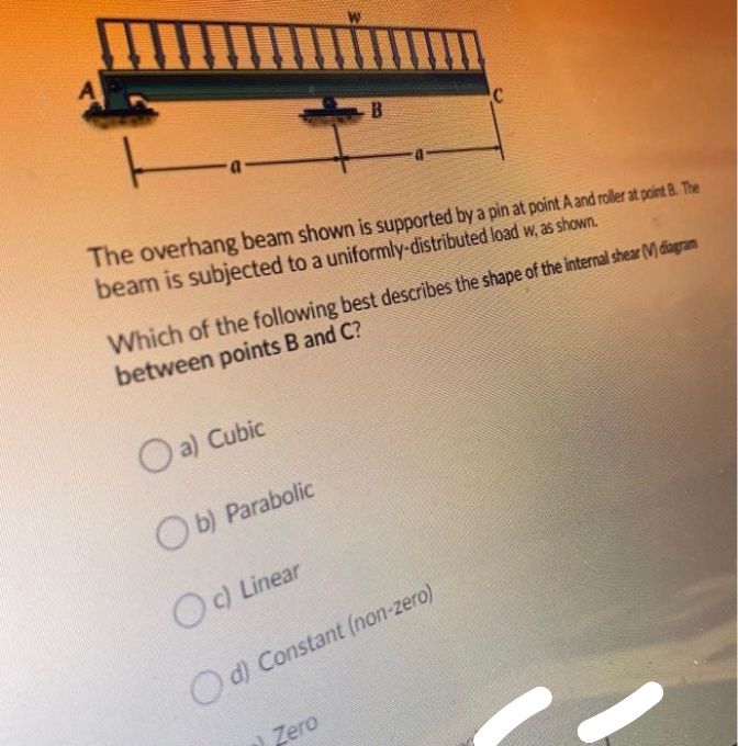 T-
B
The overhang beam shown is supported by a pin at point A and roller at point 8. The
beam is subjected to a uniformly-distributed load w, as shown.
Which of the following best describes the shape of the internal shear (M) diagram
between points B and C?
O a) Cubic
O b) Parabolic
OC) Linear
Od) Constant (non-zero)
) Zero
