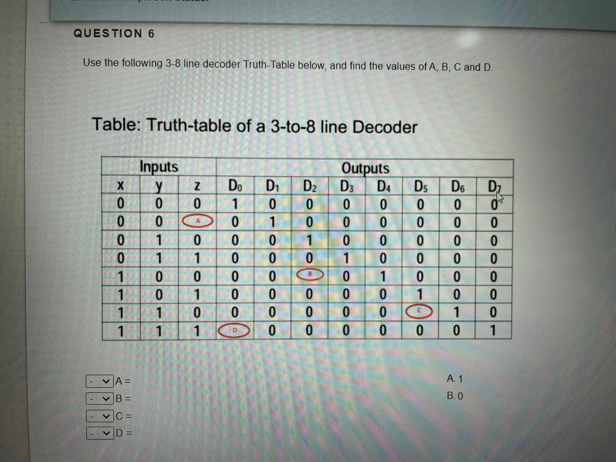 QUESTION 6
Use the following 3-8 line decoder Truth-Table below, and find the values of A, B, C and D.
Table: Truth-table of a 3-to-8 line Decoder
Inputs
Do
Outputs
D3
D1
D2
D4
Ds
D6
Dz
0.
A
1.
1
1
0.
1
0.
1
1
0.
1
1
1
1
D
А. 1
vIR =
B.0
vC =
A Oo O100 00
NO
AB CD
